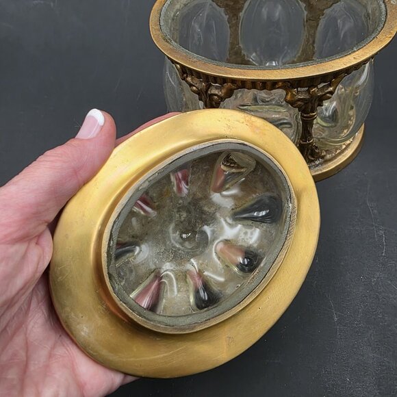 Baroque Brass & Hand Blown Bubble Glass Lidded Dome Caged Apothecary Jar Vintage - Picture 7 of 14